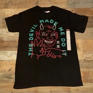 Spencer’s Neon Sign Funny The Devil Made Me Do It Halloween Horror Shirt